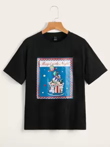 SHEIN Camiseta con estampado de figura y letra - Negro - Ver 1