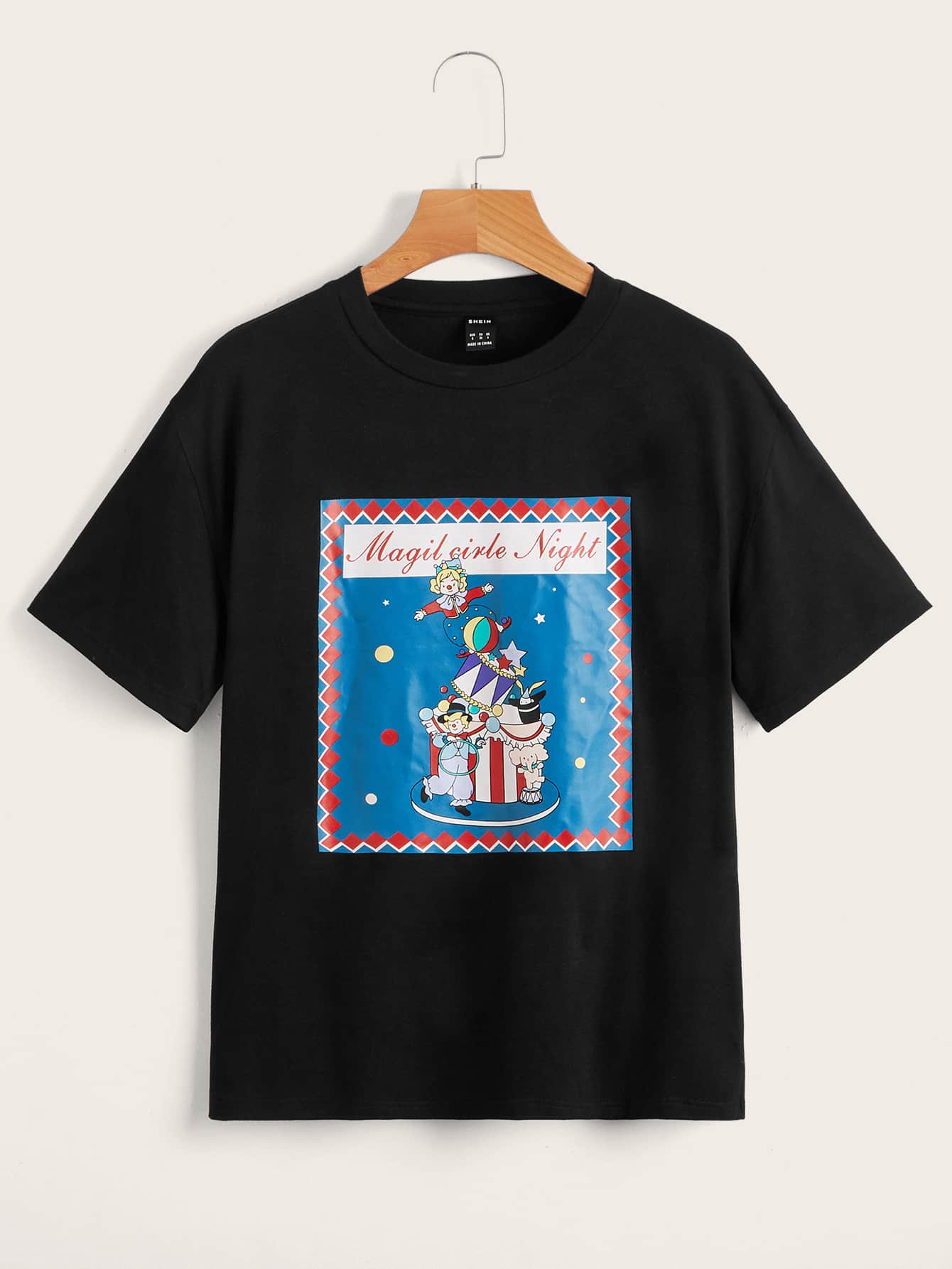 SHEIN Camiseta con estampado de figura y letra - Negro - Ver 1