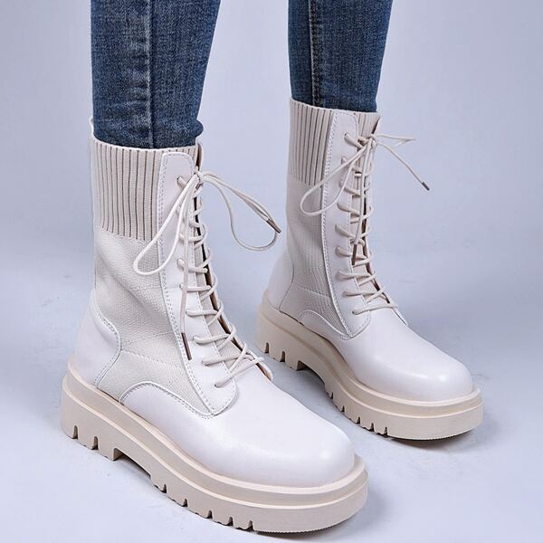 

Minimalist Lace Up Front Combat Boots, Beige