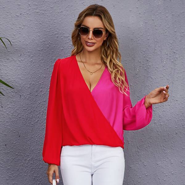 

Two Tone Surplice Neck Lantern Sleeve Blouse, Multicolor