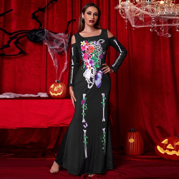

Skeleton Print Halloween Costume Dress, Multicolor