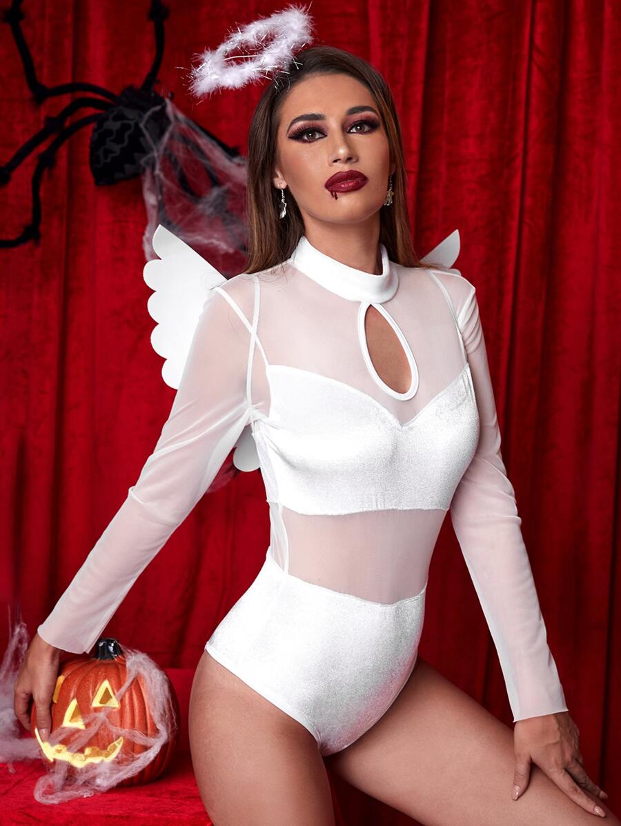 3pack Glitter Contrast Mesh Angel Costume Bodysuit With Wing - White - View 1