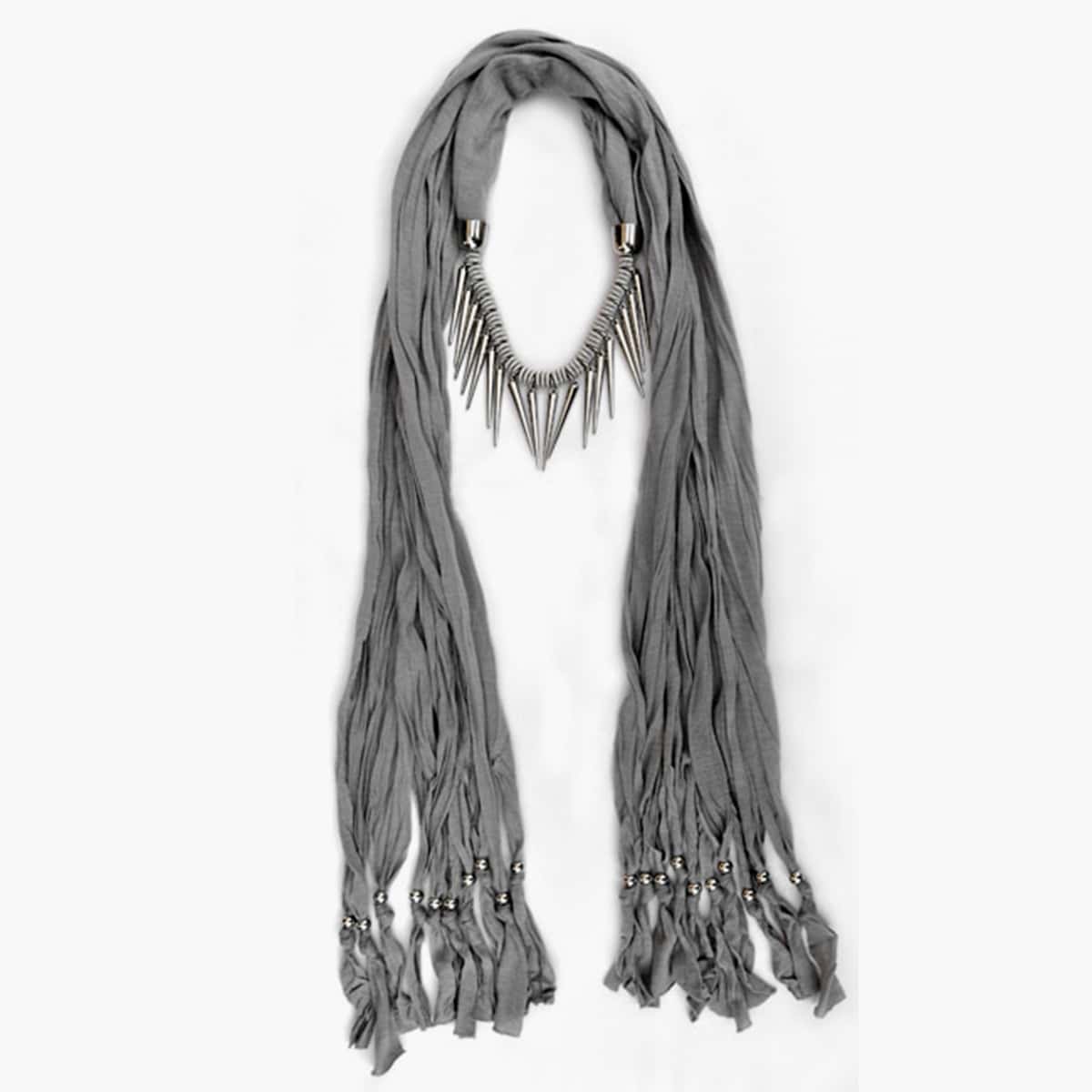 

Spiked Decor Tassel Scarf, Grey