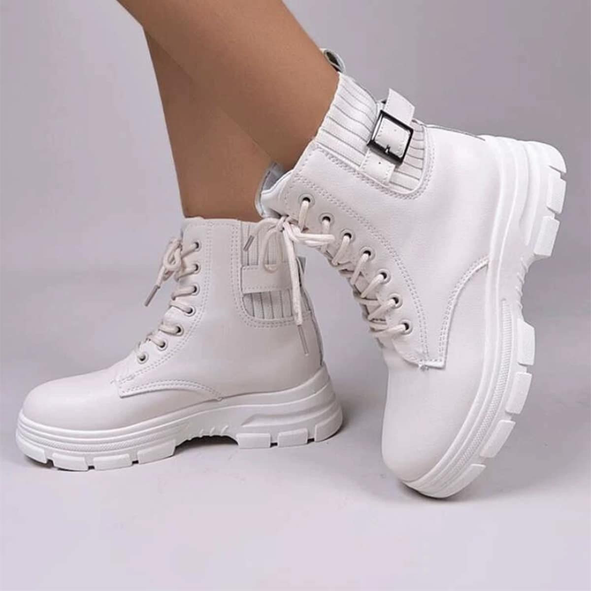 

Buckle Decor Combat Boots, Beige