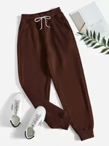 SHEIN PETITE Slant Pocket Drawstring Joggers - Chocolate Brown - View 1