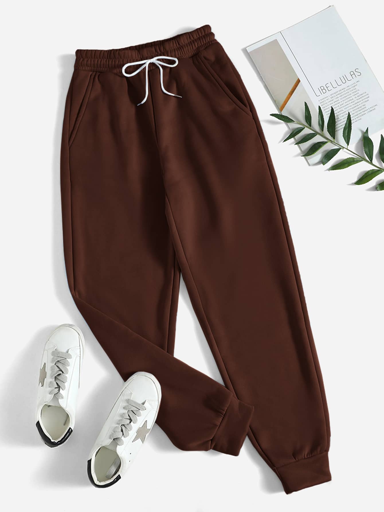 SHEIN PETITE Slant Pocket Drawstring Joggers - Chocolate Brown - View 1