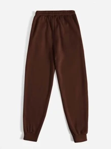 SHEIN PETITE Slant Pocket Drawstring Joggers - Chocolate Brown - View 2