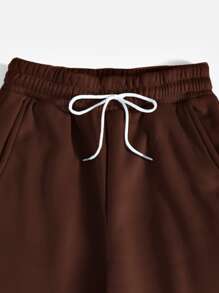 SHEIN PETITE Slant Pocket Drawstring Joggers - Chocolate Brown - View 3