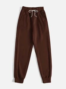 SHEIN PETITE Slant Pocket Drawstring Joggers - Chocolate Brown - View 5
