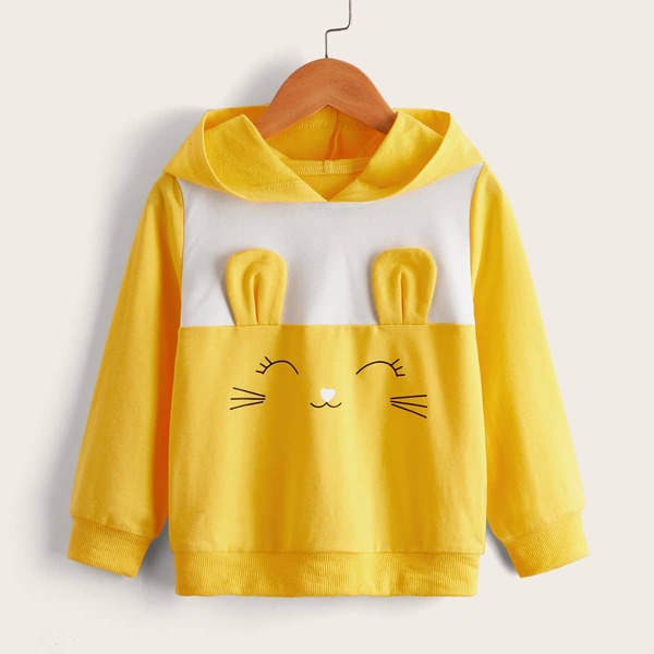 

Toddler Girls Color Block Cartoon Graphic 3D Ear Patched Hoodie, Yellow