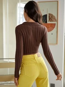 SHEIN Cárdigan tejido de canalé de cuello cruzado con cordón delantero - Café integral - Ver 2