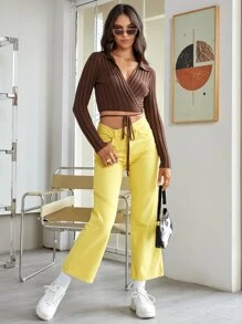 SHEIN Cárdigan tejido de canalé de cuello cruzado con cordón delantero - Café integral - Ver 3