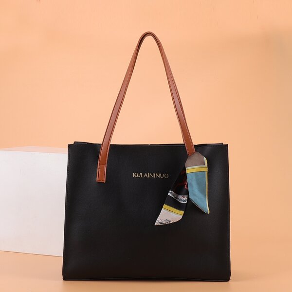 

Scarf Decor Shoulder Tote Bag, Black