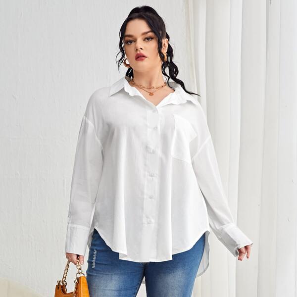 

Plus Drop Shoulder Curved Hem Blouse, White