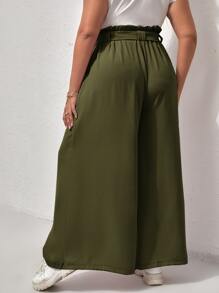 Calvaya Plus Paperbag Waist Tie Front Wide Leg Trousers - Army Green - View 2