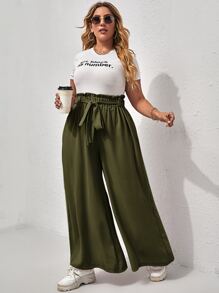 Calvaya Plus Paperbag Waist Tie Front Wide Leg Trousers - Army Green - View 1
