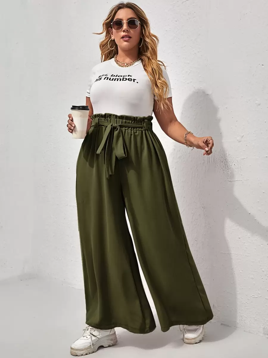 Calvaya Plus Paperbag Waist Tie Front Wide Leg Trousers - Army Green - View 1
