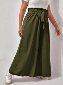 Calvaya Plus Paperbag Waist Tie Front Wide Leg Trousers - Army Green - View 3