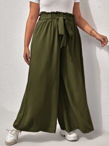 Calvaya Plus Paperbag Waist Tie Front Wide Leg Trousers - Army Green - View 5