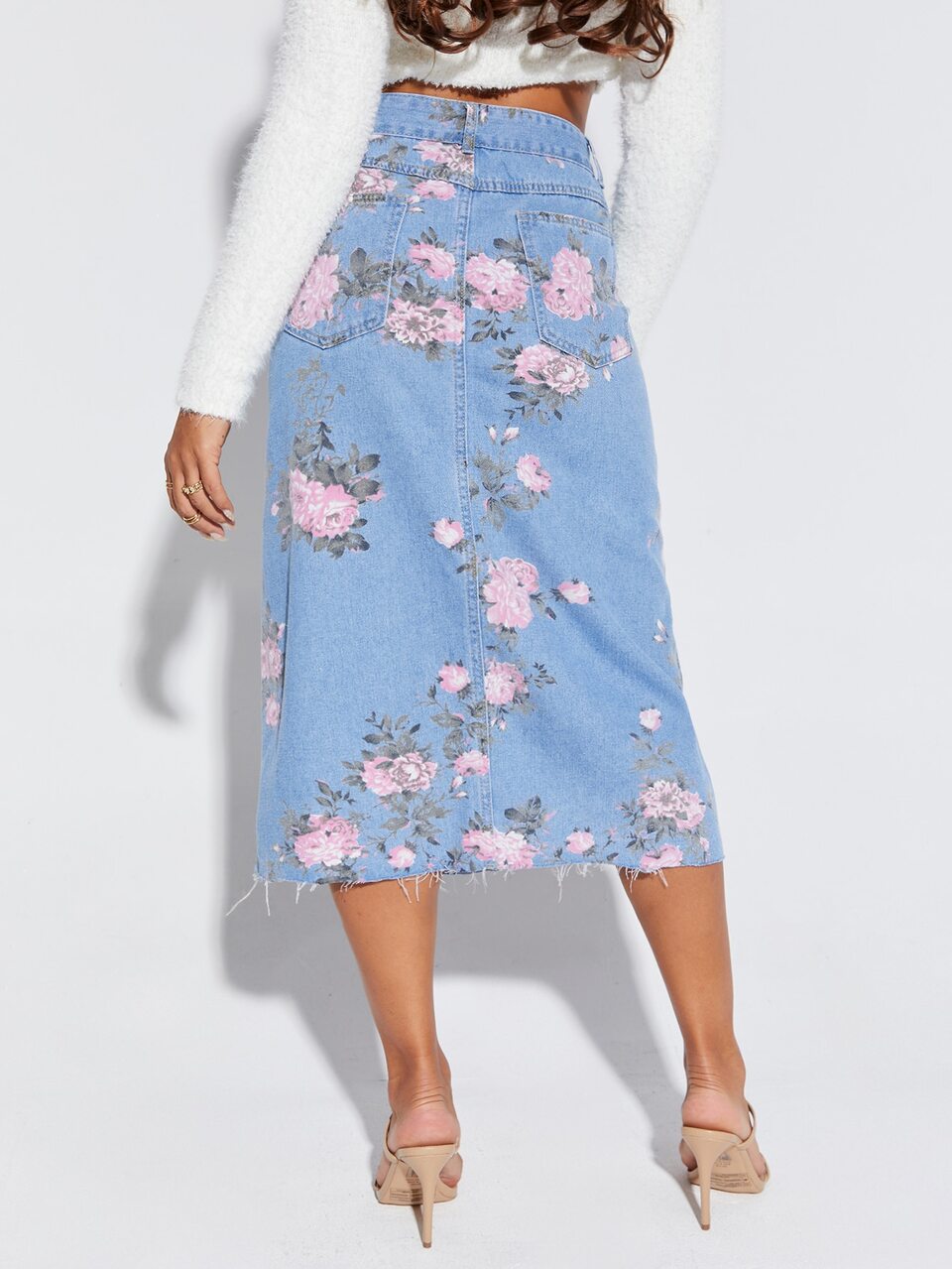 Floral Print Raw Hem Split Thigh Denim Skirt