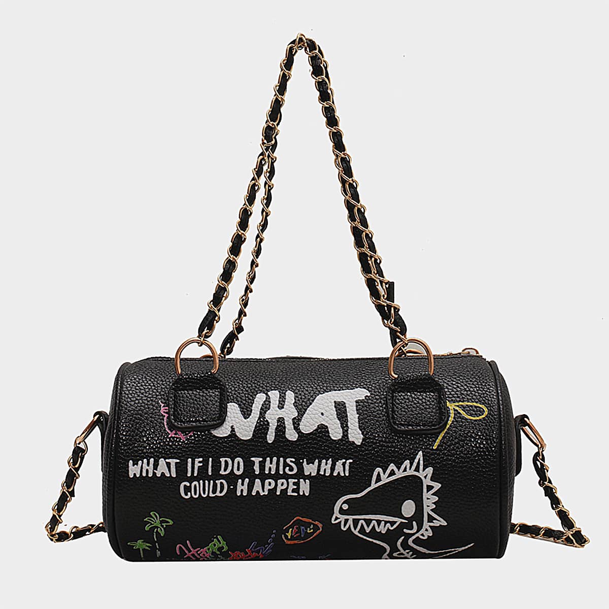 

Graffiti Print Chain Bucket Bag, Black