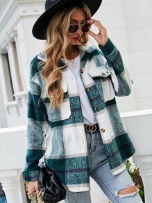 SHEIN LUNE Abrigo de cuadros con bolsillo con solapa con botón delantero - Multicolor - Ver 3