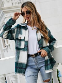 SHEIN LUNE Abrigo de cuadros con bolsillo con solapa con botón delantero - Multicolor - Ver 5