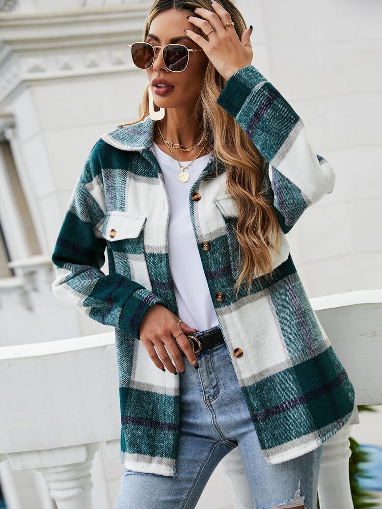 SHEIN LUNE Abrigo de cuadros con bolsillo con solapa con botón delantero - Multicolor - Añade 6