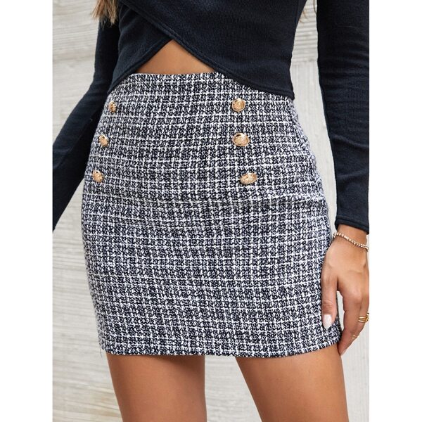

Tweed Double Breasted Skirt, Black and white