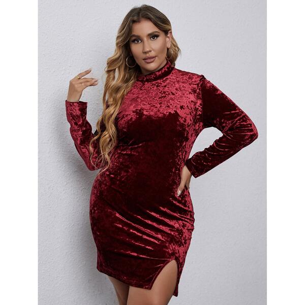 

Plus Stand Neck Split Hem Velvet Dress, Burgundy