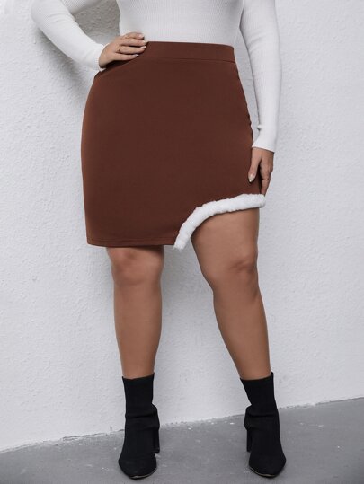 Plus High Waist Asymmetrical Fuzzy Hem Skirt