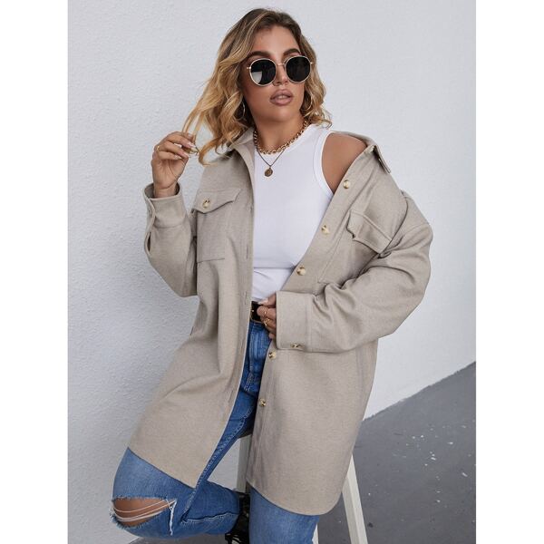 

Plus Solid Flap Pocket Drop Shoulder Coat, Khaki