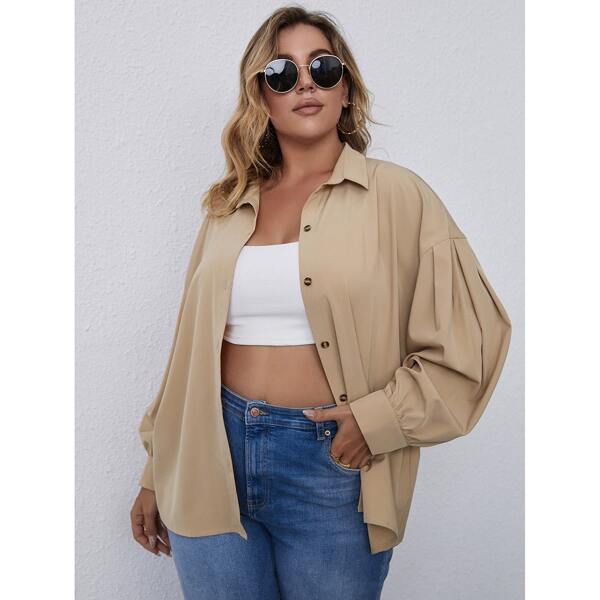 

Plus Solid Drop Shoulder Plicated Blouse, Apricot