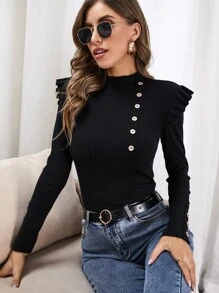 SHEIN Clasi Mock Neck Frill Trim Single Breasted Tee - Black - View 3