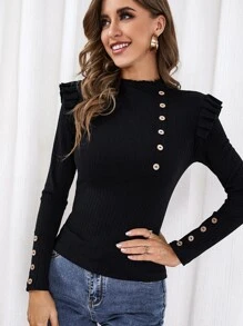SHEIN Clasi Mock Neck Frill Trim Single Breasted Tee - Black - View 5
