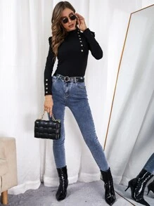 SHEIN Clasi Mock Neck Frill Trim Single Breasted Tee - Black - View 6