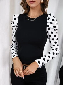 SHEIN Clasi Polka Dot Gigot Sleeve Tee - Black and White - View 1
