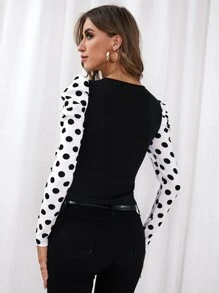 SHEIN Clasi Polka Dot Gigot Sleeve Tee - Black and White - View 2