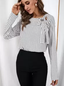 SHEIN Clasi 條紋圖案前繫帶插肩袖襯衫 - 黑與白 - 查看 1