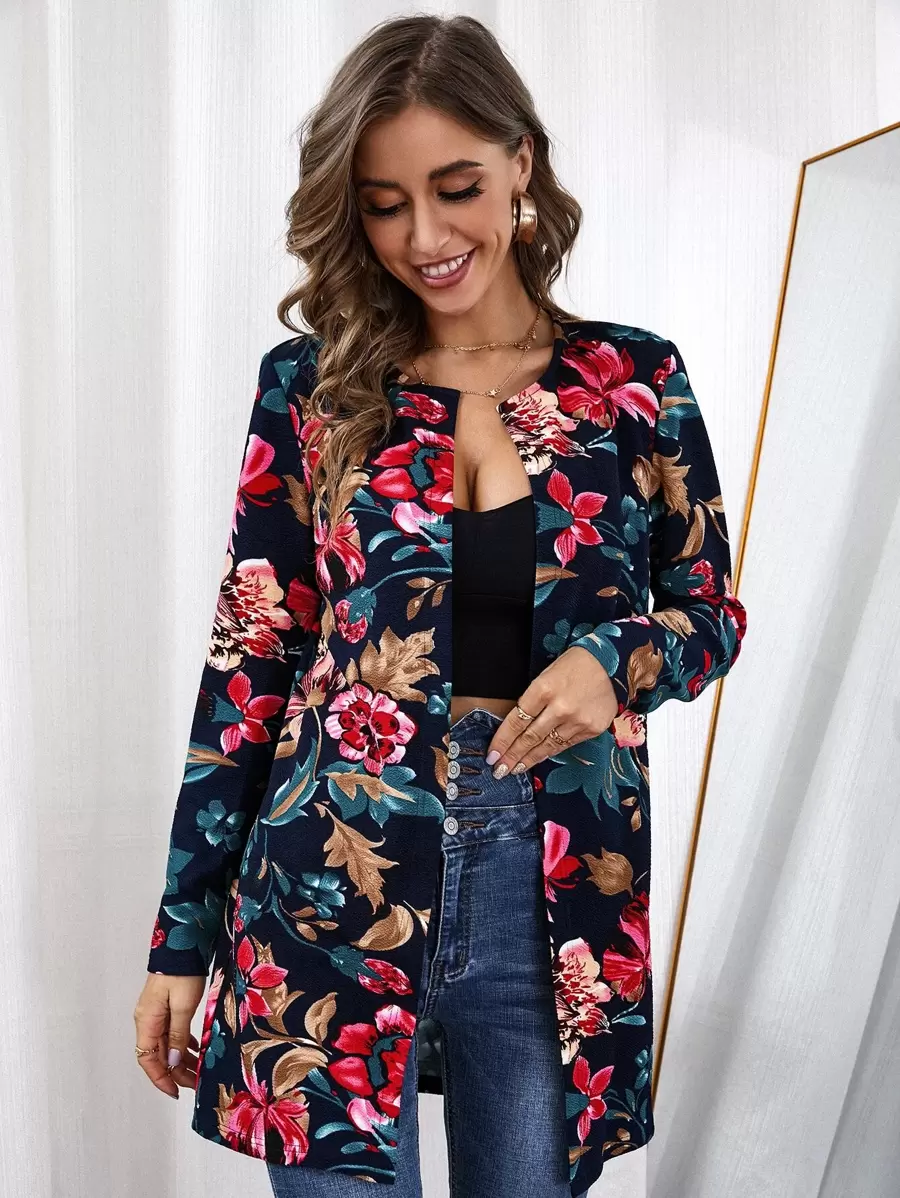 SHEIN Clasi Floral Print Open Front Coat - Multicolor - View 1