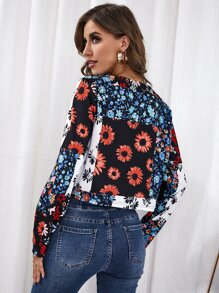 Floral Print Open Front Jacket - Multicolor - View 2