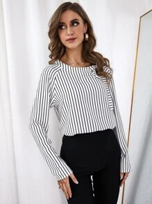 SHEIN Clasi 條紋圖案前繫帶插肩袖襯衫 - 黑與白 - 查看 5