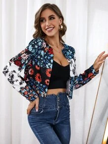 Floral Print Open Front Jacket - Multicolor - View 3