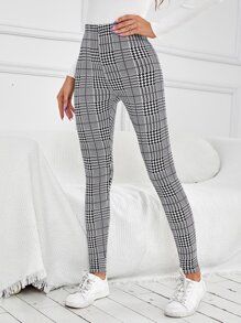SHEIN Essnce High Waist Plaid Print Leggings - Black and White - View 3