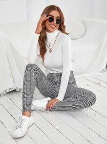 SHEIN Essnce High Waist Plaid Print Leggings - Black and White - View 5