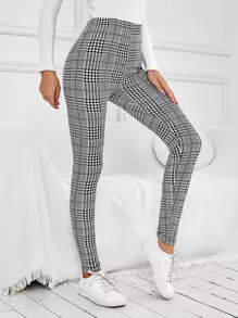 SHEIN Essnce High Waist Plaid Print Leggings - Black and White - View 6