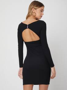 SHEIN Đầm Lộ Lưng Nút màu trơn Gợi cảm - màu đen - Xem 1