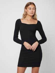 SHEIN Đầm Lộ Lưng Nút màu trơn Gợi cảm - màu đen - Xem 2