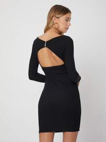 SHEIN Đầm Lộ Lưng Nút màu trơn Gợi cảm - màu đen - Xem 8