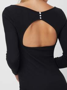 SHEIN Đầm Lộ Lưng Nút màu trơn Gợi cảm - màu đen - Xem 9